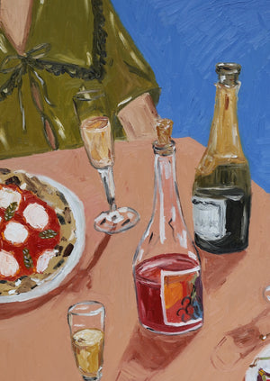 pizza, zucchini flower, fruit