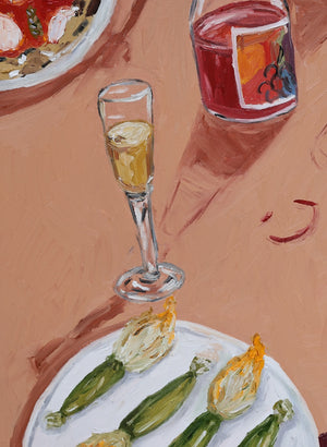 pizza, zucchini flower, fruit