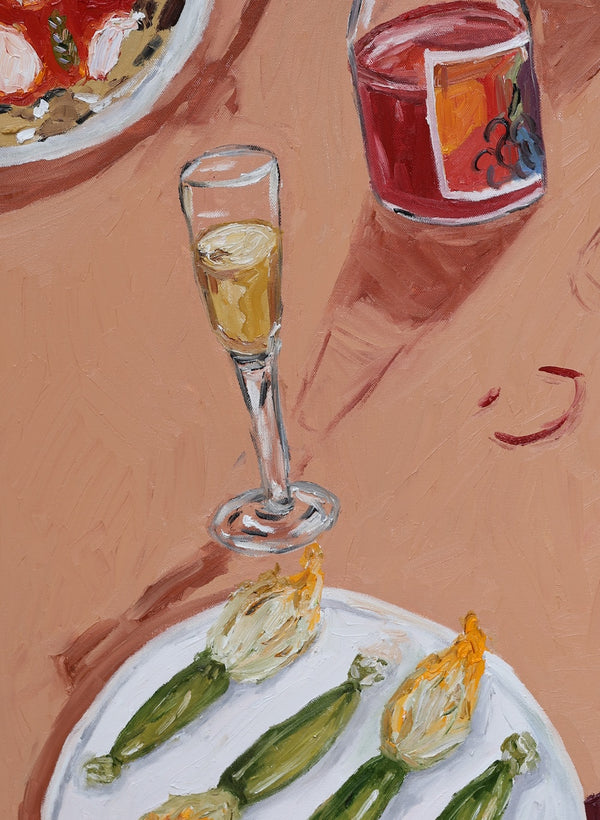pizza, zucchini flower, fruit