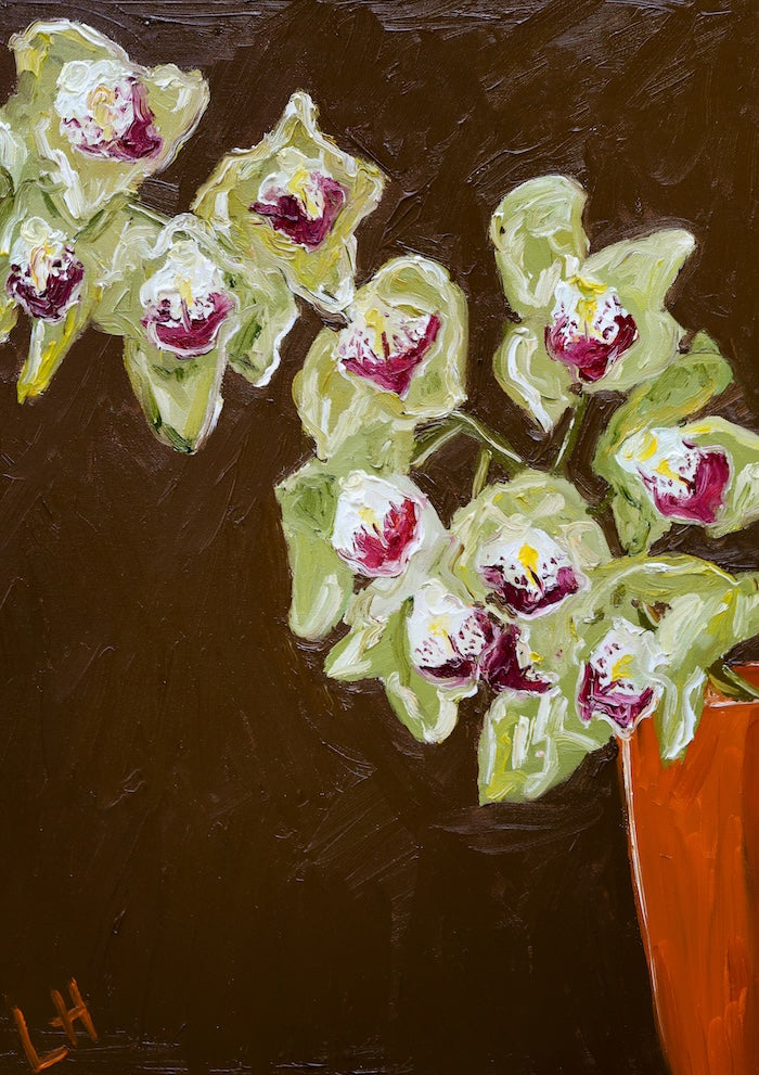 orchid stem, orange vase