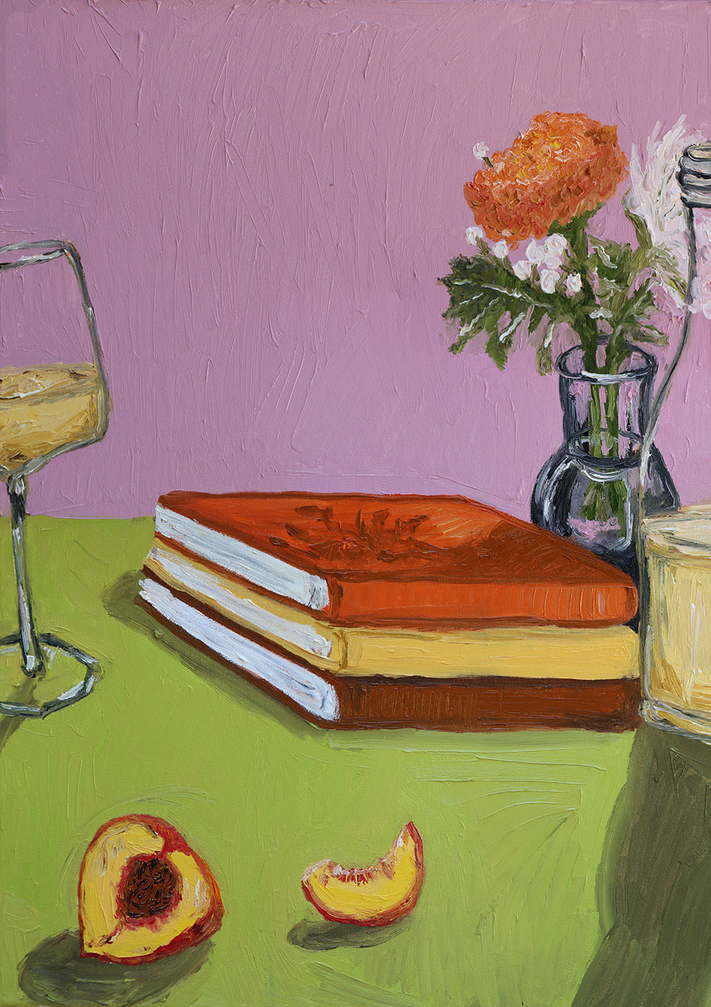 books, peaches, wine