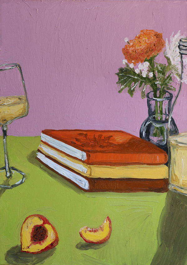 books, peaches, wine