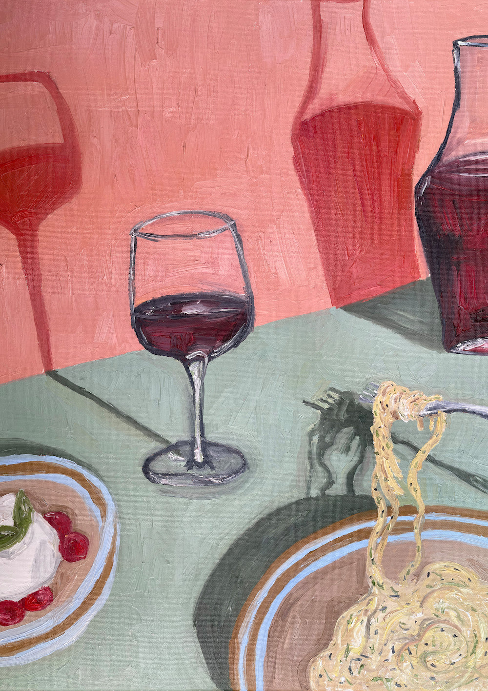 burrata, pasta, wine
