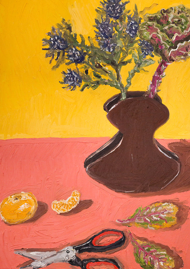 kale, blue thistle, mandarin