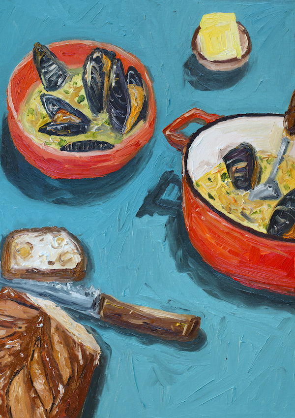 mussels, bread, butter